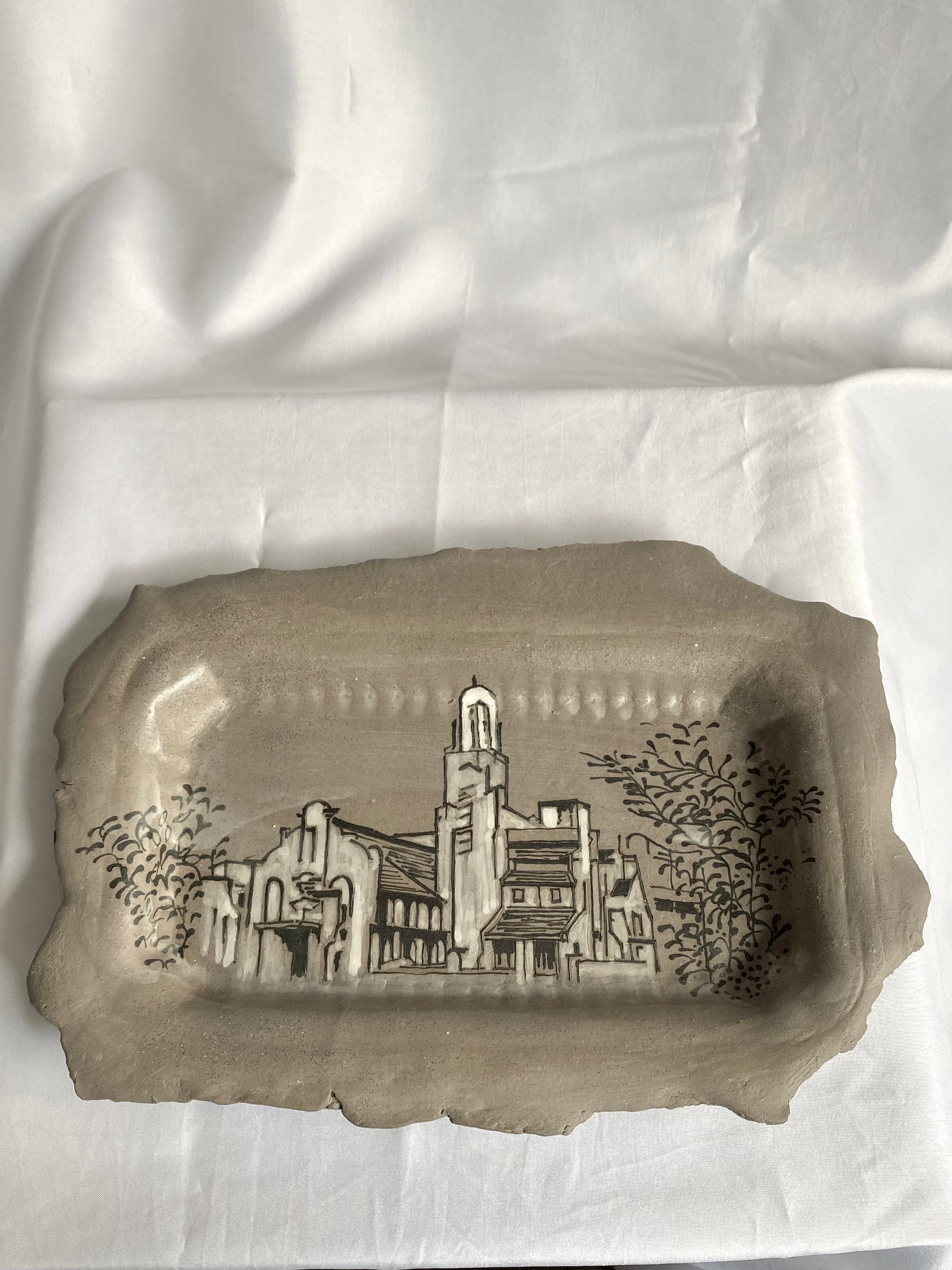 Hand-painted ceramic plate featuring Singapore architecture, artisan heritage flatware by foRM of Mondays.