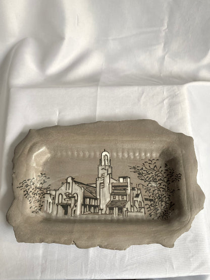 Hand-painted ceramic plate featuring Singapore architecture, artisan heritage flatware by foRM of Mondays.