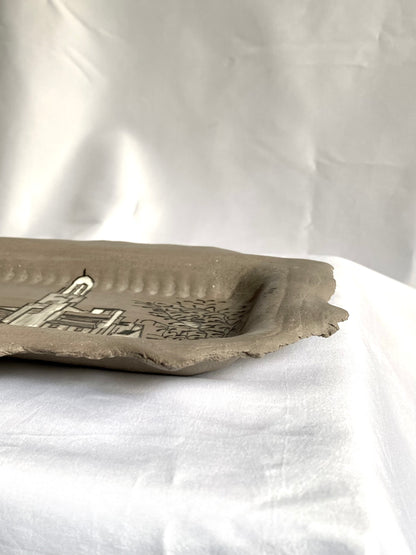 Hand-painted ceramic plate featuring Singapore architecture, artisan heritage flatware by foRM of Mondays.