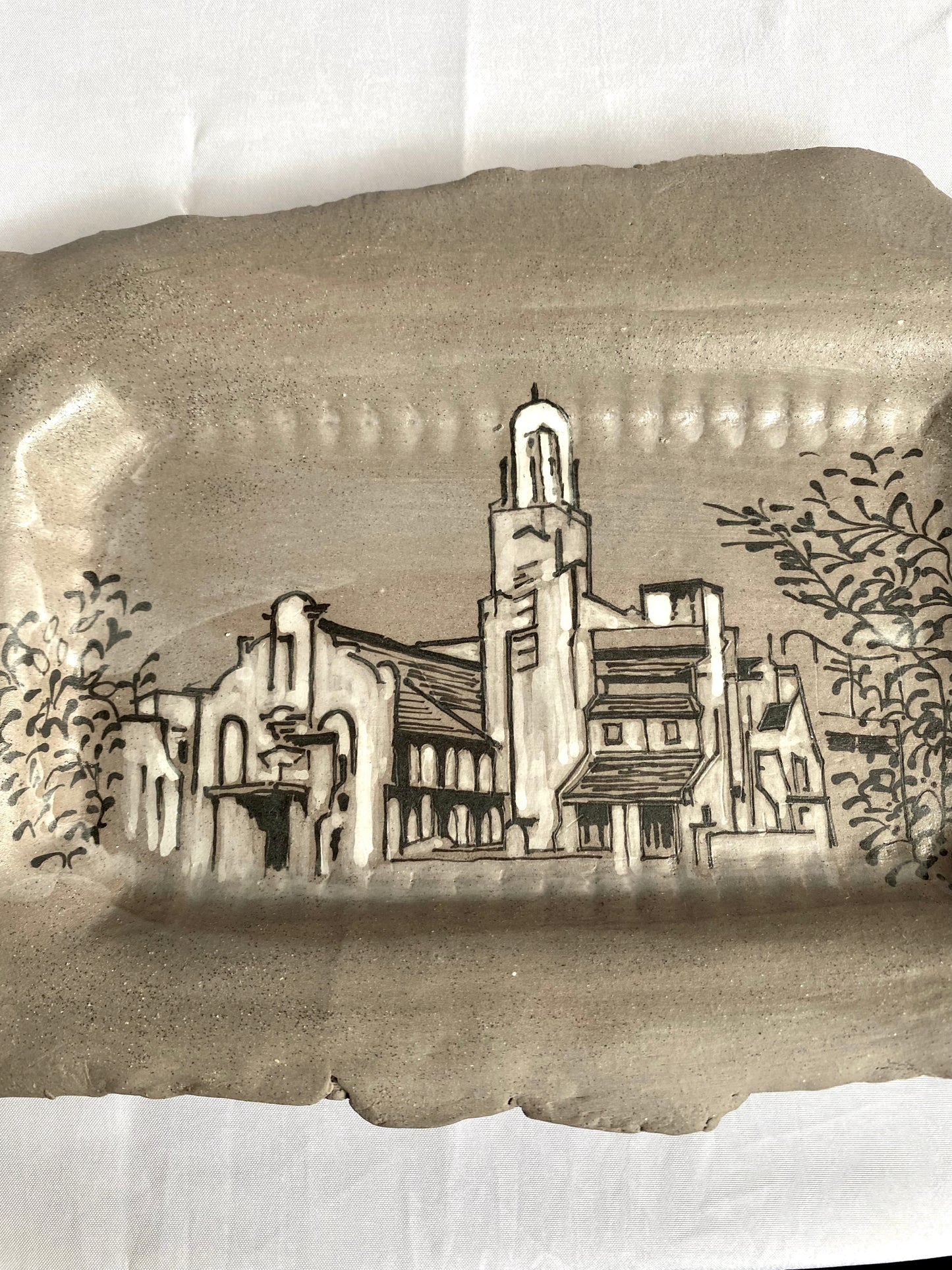 Hand-painted ceramic plate featuring Singapore architecture, artisan heritage flatware by foRM of Mondays.